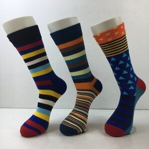 Mens Crew Socks Set 3 Stripes Polka Dots Triangle Print Blue Orange Black Yellow